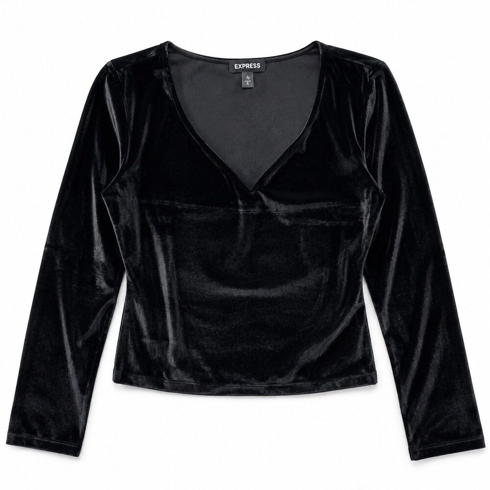 Express Women's Black Velvet Crop Top V-Neck Long Sleeve Size L NWT